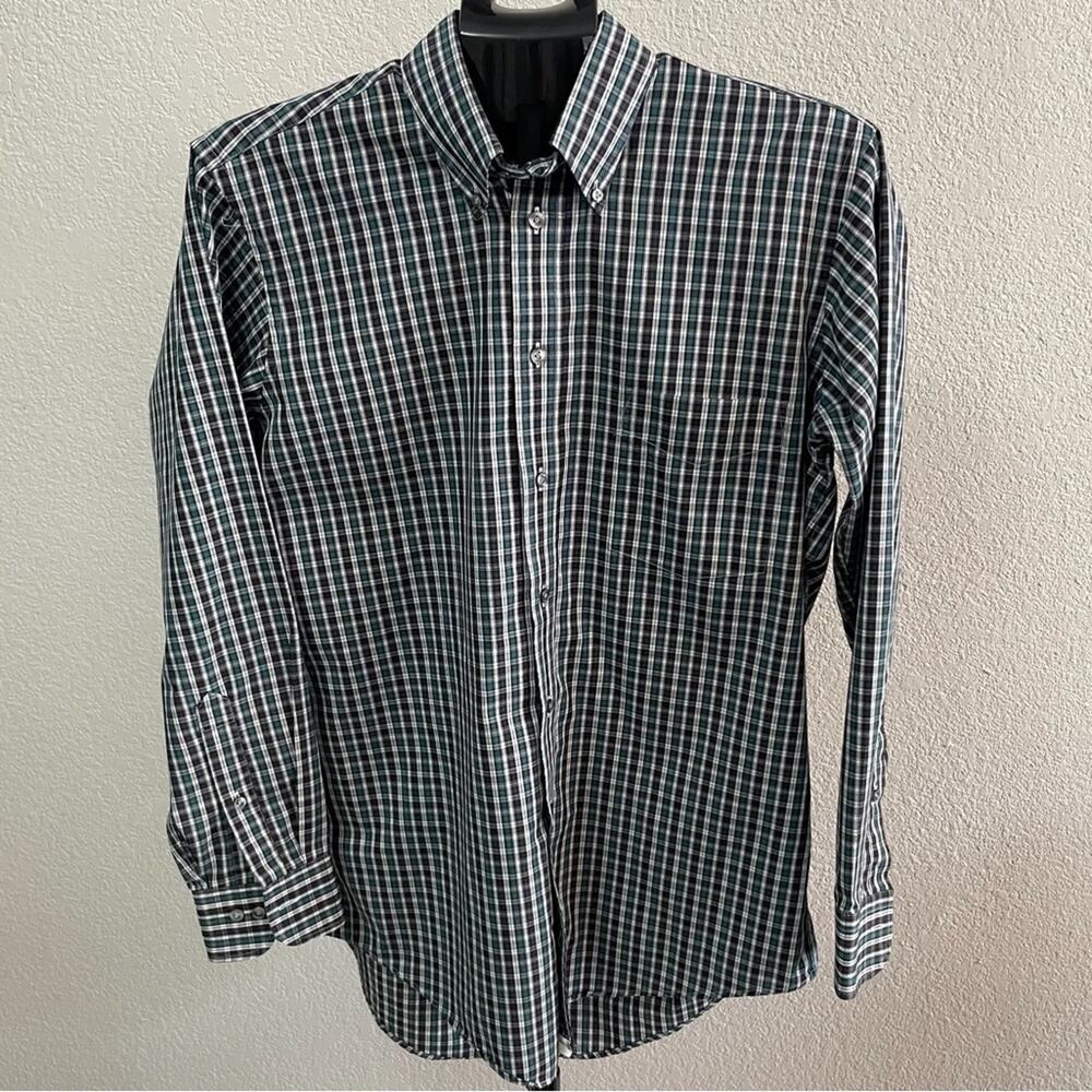 Hathaway Green and Blue Plaid Long Sleeve Button Down Neck Size 15 1/2